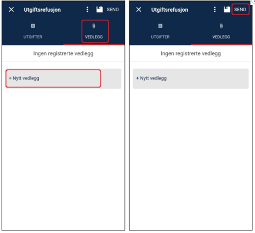 Skjermbilde av hvordan du laster opp vedlegg når du fyller ut en utgiftsrefusjon i DFØ-appen.