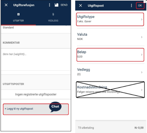Skjermbilde av hvordan du fyller ut en utgiftsrefusjon i DFØ-appen.