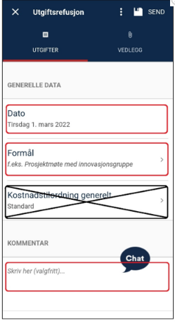 Skjermbilde av hvordan du fyller ut en utgidtsrefusjon i DFØ-appen.