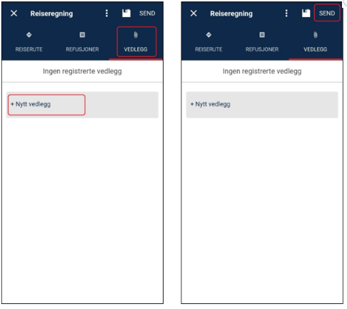 Skjermbilde av hvordan du laster opp vedlegg når du fyller ut en utgiftsrefusjon i DFØ-appen.