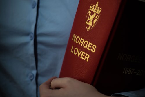 En person holder Norges lover under armen. Foto: Nasjonalt klageorgan for helsetjenesten.