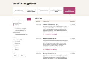 Skjermbilde av databasen med nemndvedtak.