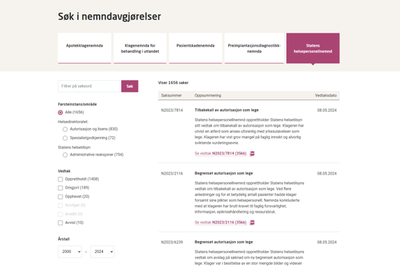 Skjermbilde av databasen med nemndvedtak.