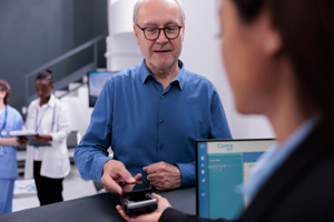 Bildet viser en pasient som betaler med telefonen sin på kortautomaten i en resepsjon. En person holder i kortautomaten. I bakgrunnen står to helsepersonell. Foto: Mostphotos.