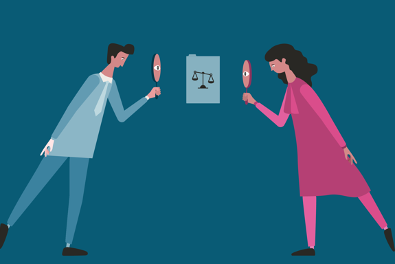 Bilde av en illustrasjon som viser to personer med lupe som ser på en mappe. På forsiden av mappen er det en vekt.